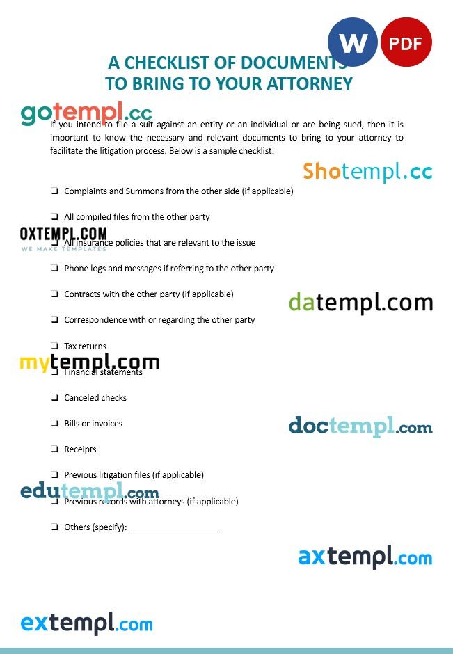 Checklist Documents to Bring to Your Attorney example, fully editable