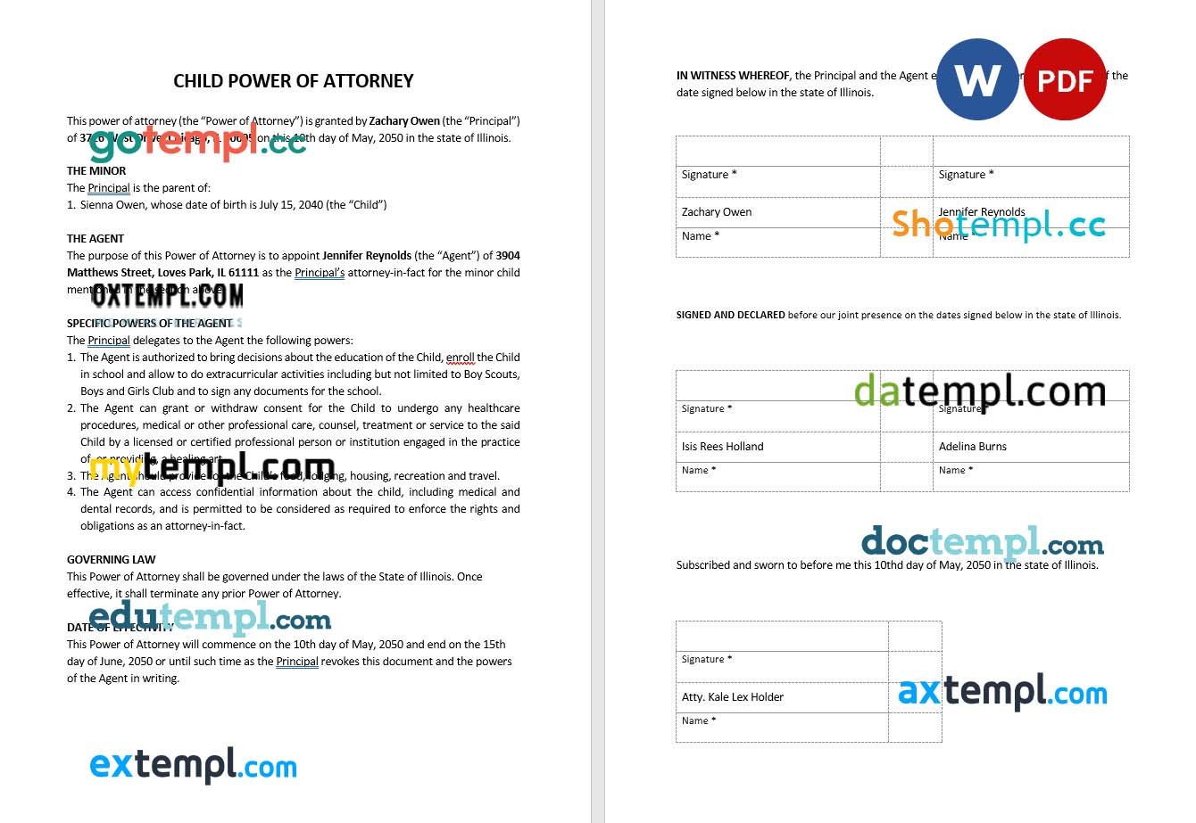 Child Power of Attorney example, fully editable