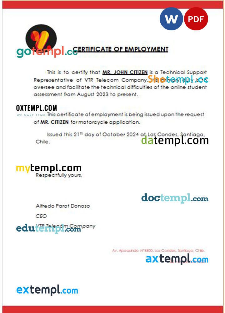 Chile VTR Telecom Company certificate of employment Word and PDF download template