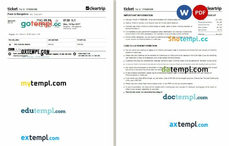 Cleartrip - SpiceJet airplane e-ticket, Word and PDF download template, 3 pages