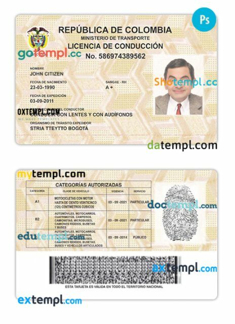 Colombia driving license download example in PSD format, version 2