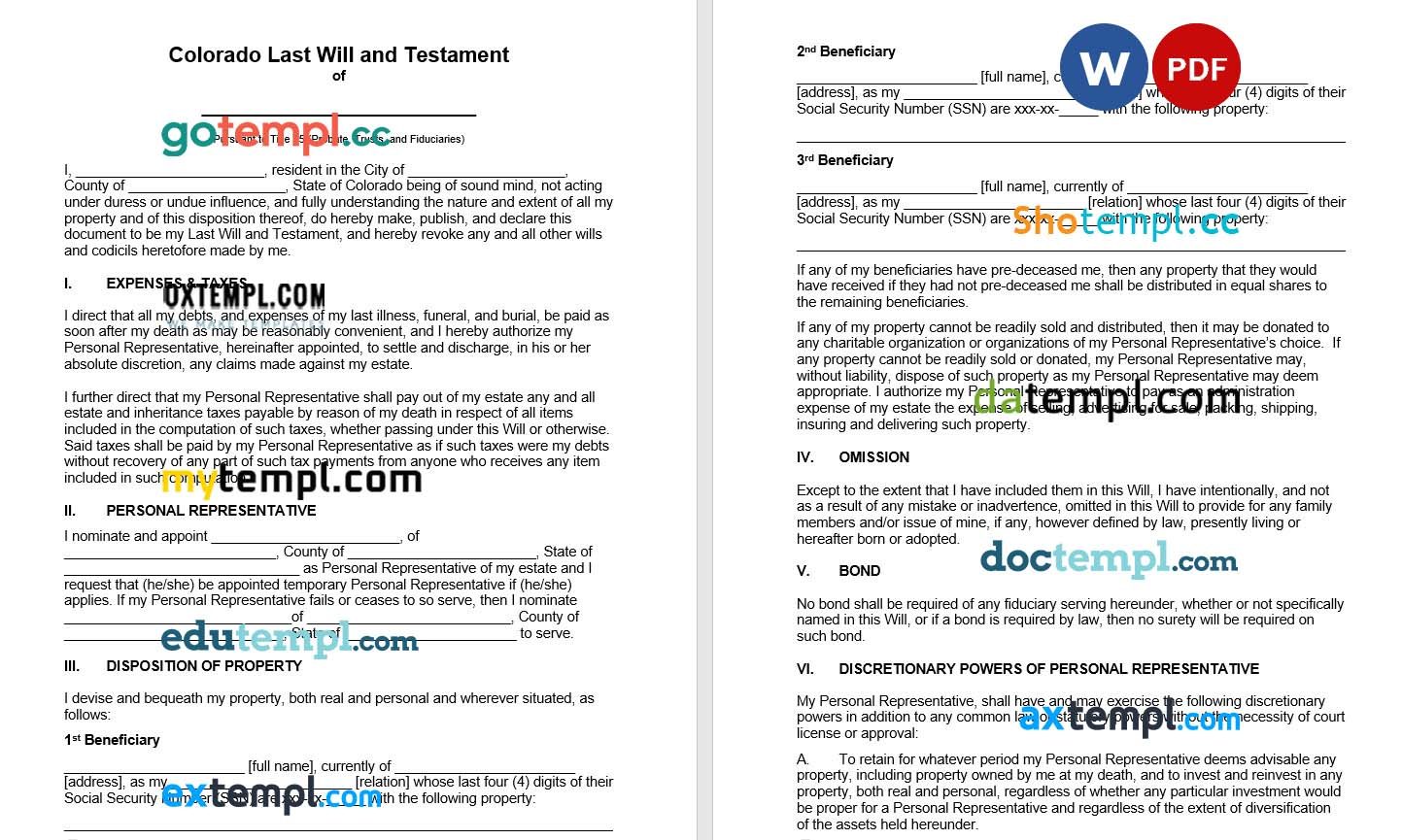 Colorado Last Will and Testament example, fully editable