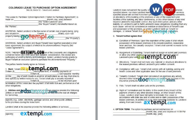 Colorado Lease to Own Option to Purchase Agreement Word example