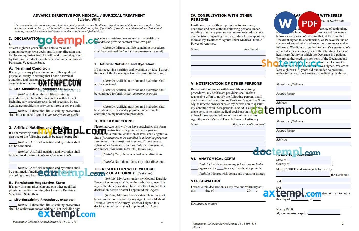 Colorado Living Will Declaration example, fully editable