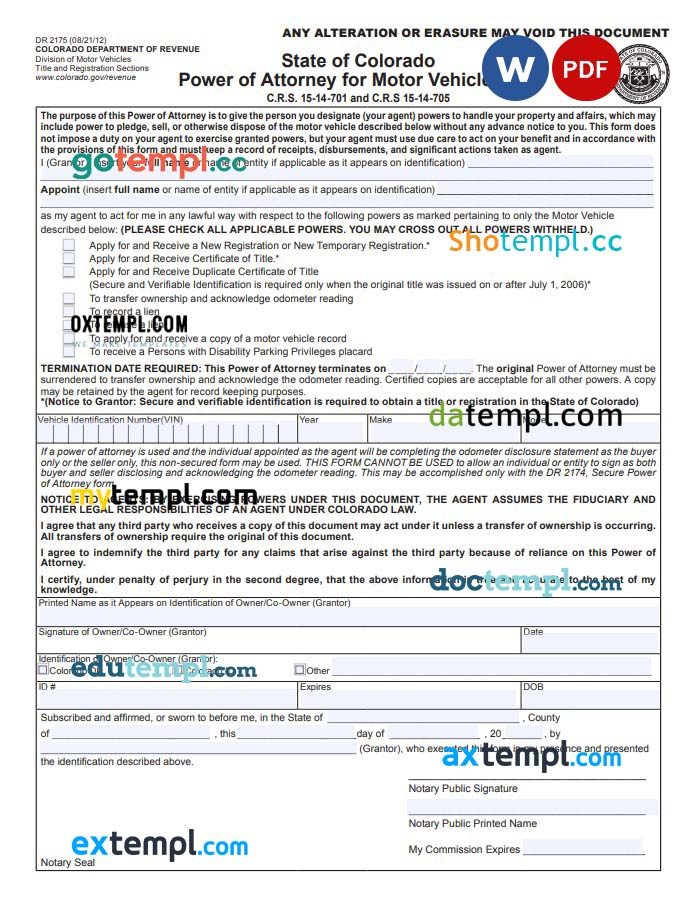 Colorado Motor Vehicle Power of Attorney example, fully editable