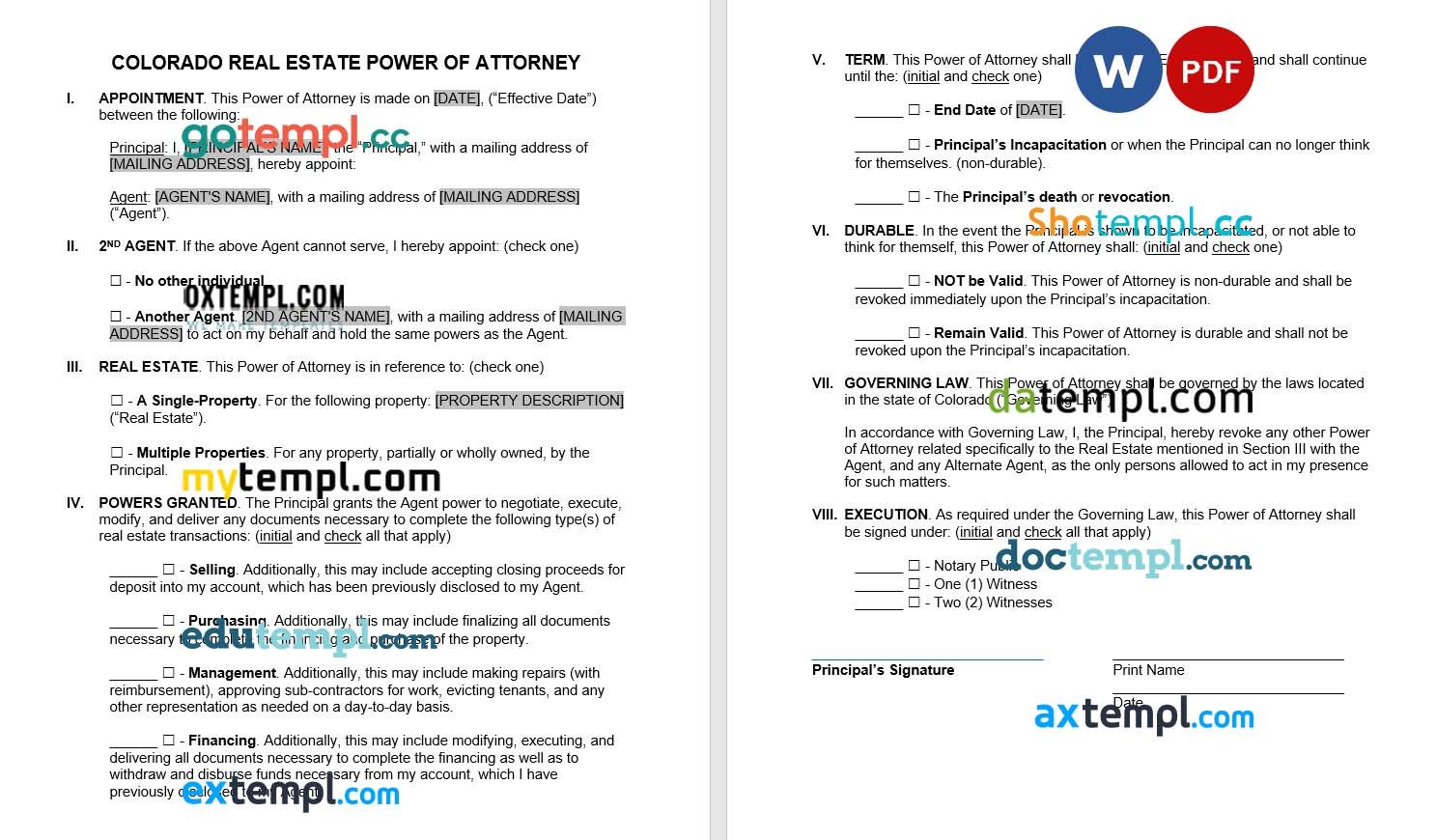 Colorado Real Estate Power of Attorney Form example, fully editable