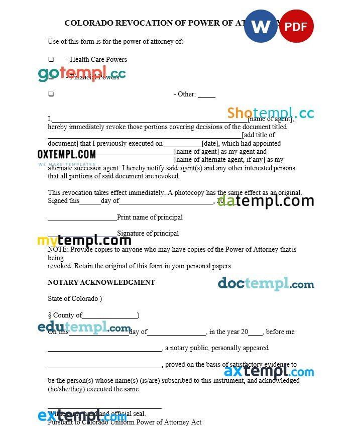 Colorado Revocation Power of Attorney Form example, fully editable