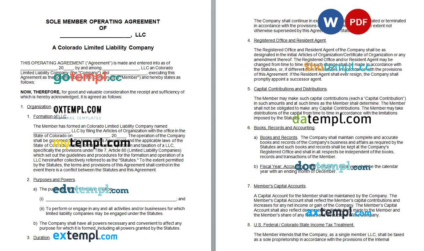 Colorado Single-Member LLC Operating Agreement Word example