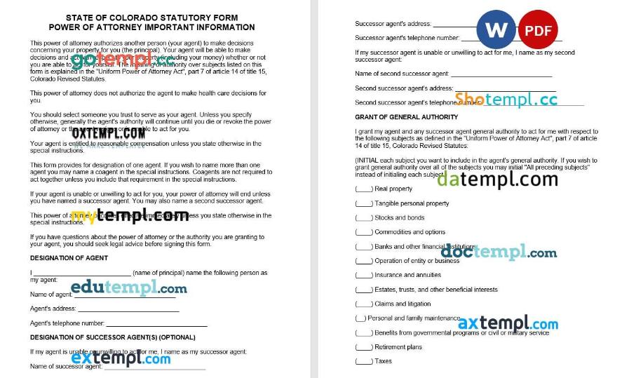 Colorado Statutory Durable Power of Attorney example, fully editable