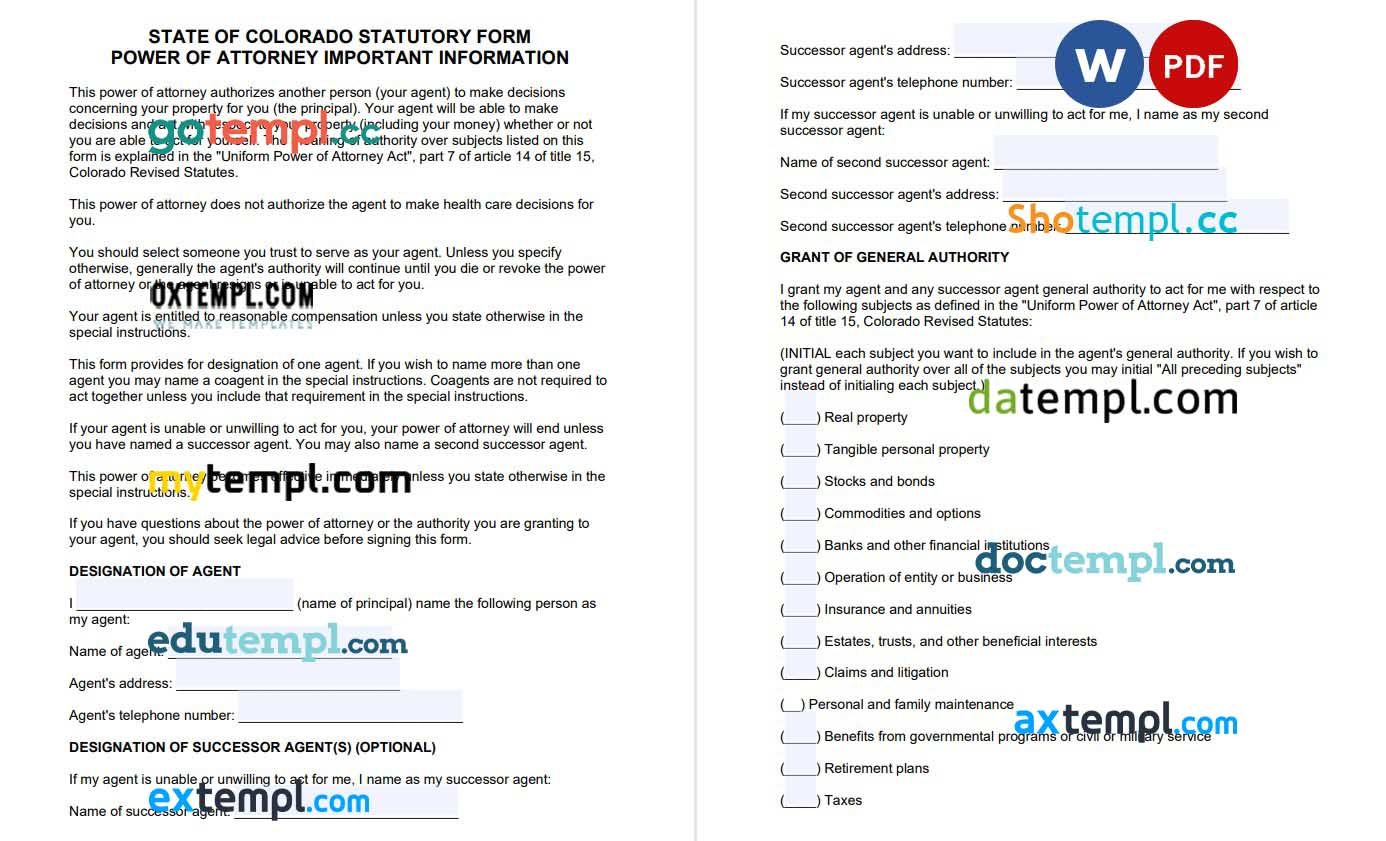 Colorado Statutory Durable Power of Attorney Form 2 example, fully editable