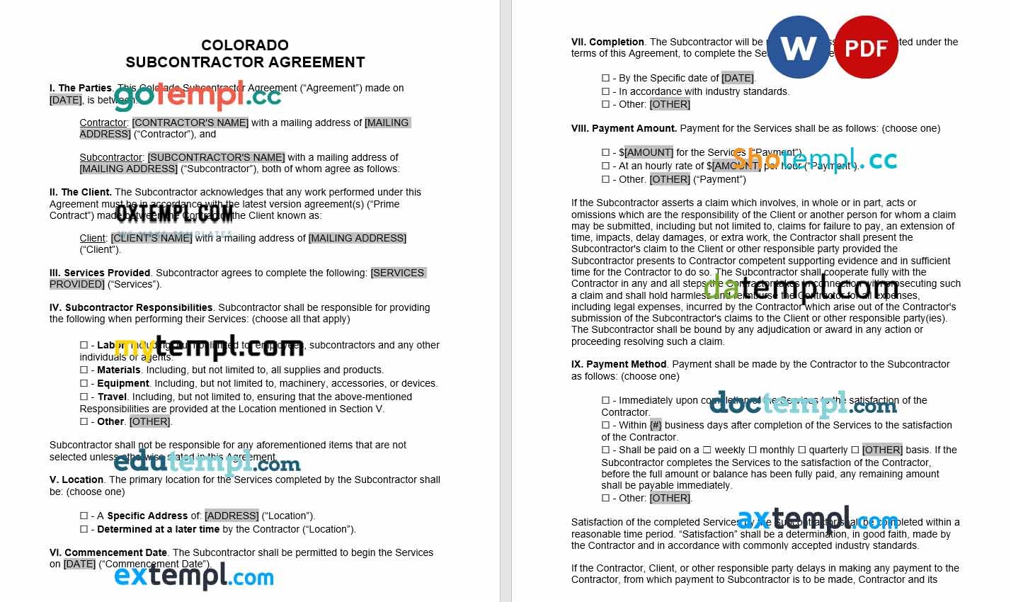 Colorado Subcontractor Agreement word example, fully editable