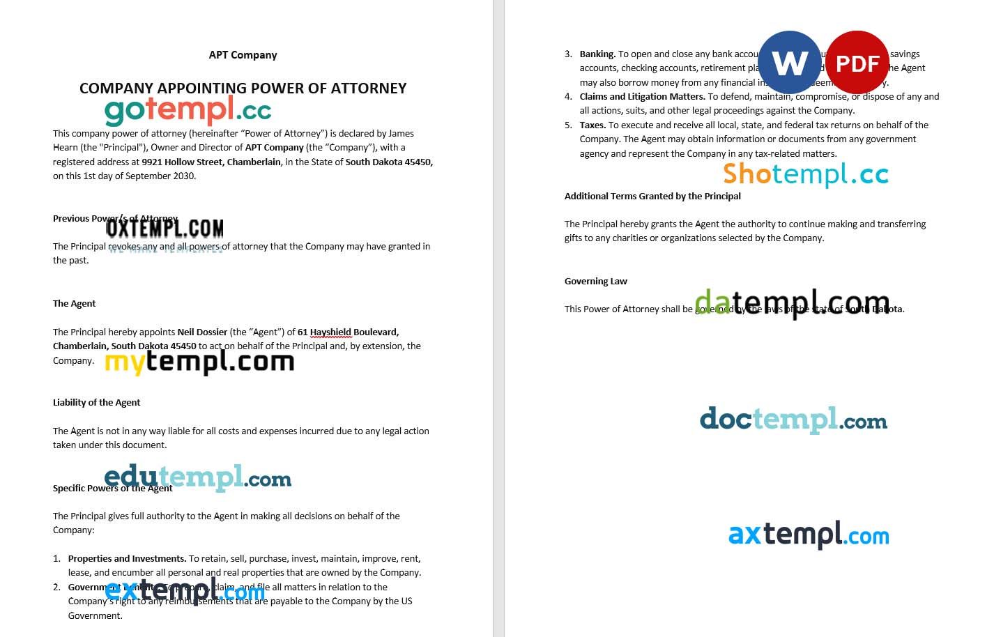 Company Appointing Power of Attorney example, fully editable