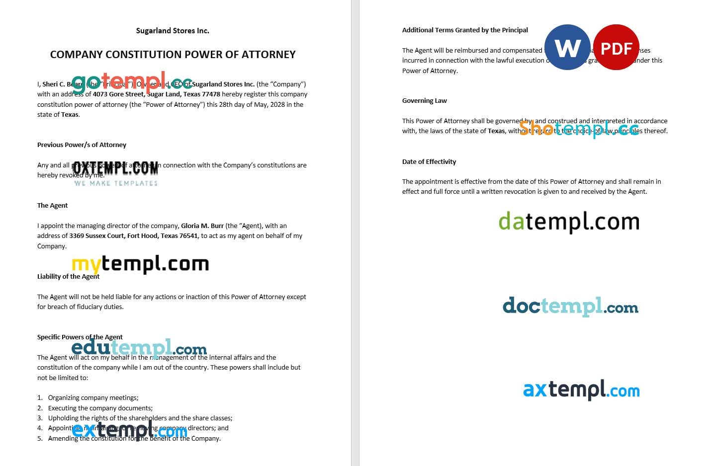 Company Constitution Power of Attorney example, fully editable