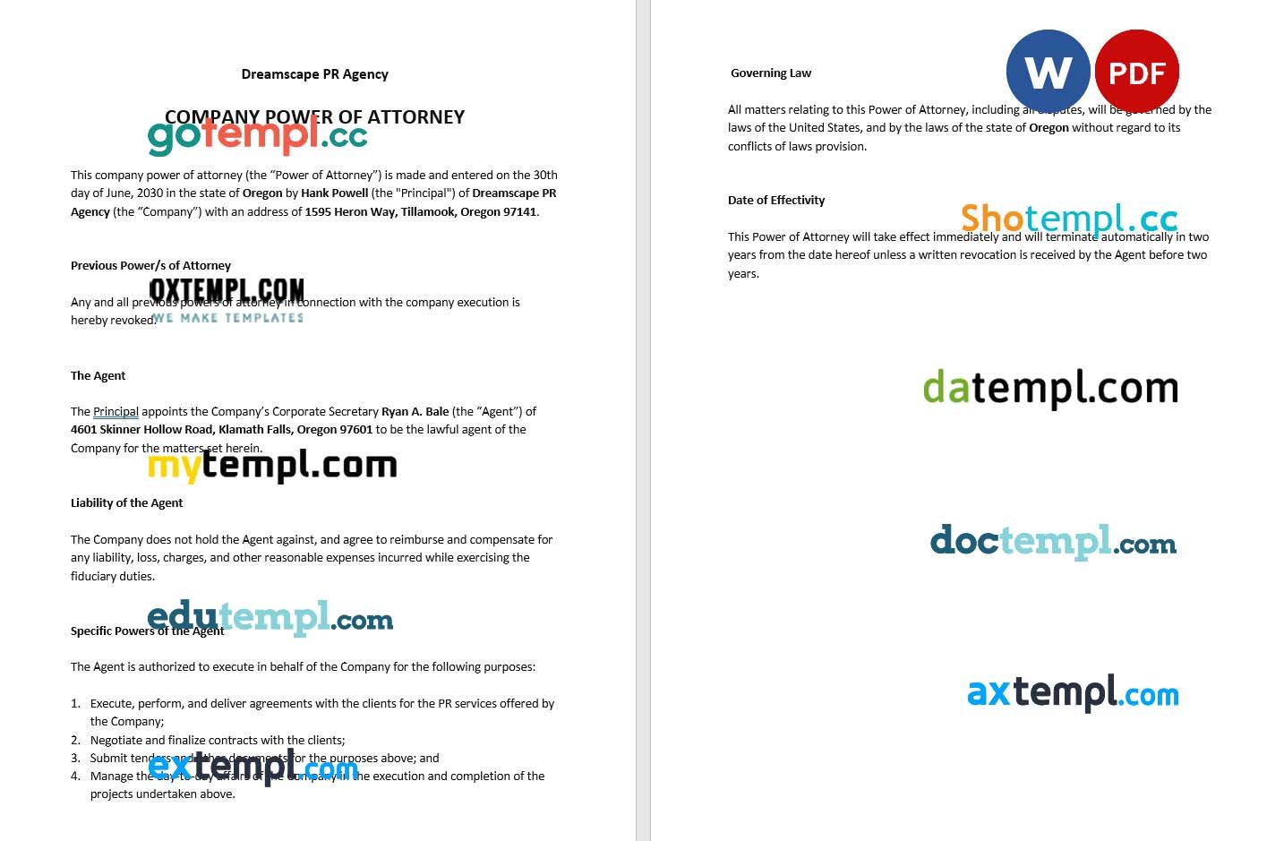 Company Execution Power of Attorney example, fully editable