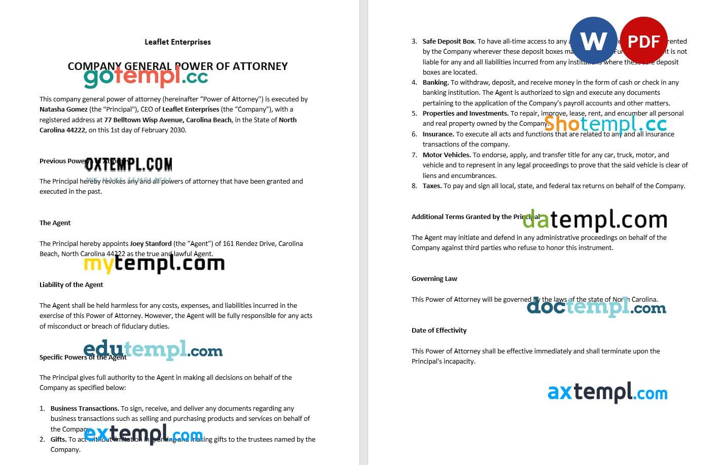 Company General Power of Attorney example, fully editable