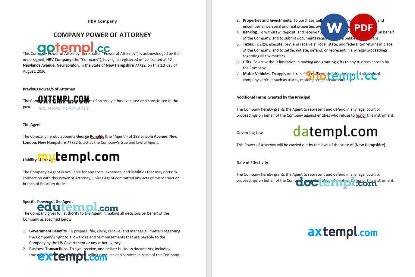 Company Power of Attorney example, fully editable