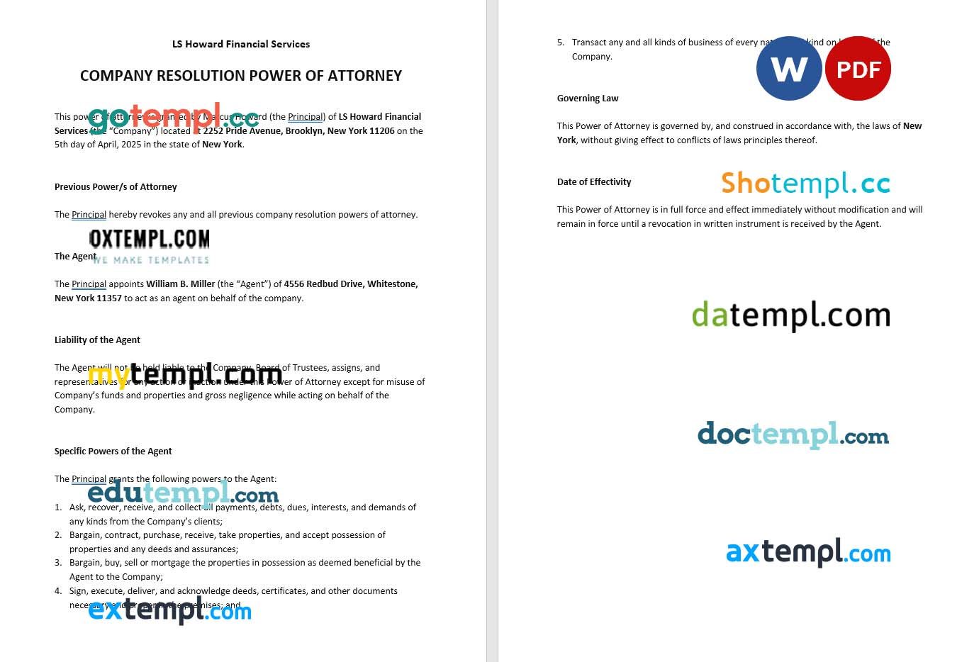 Company Resolution Power of Attorney example, fully editable