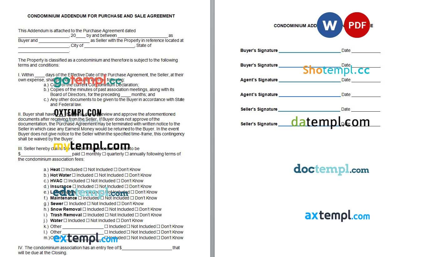 Condominium Assoc Addendum to Purchase Agreement Word example