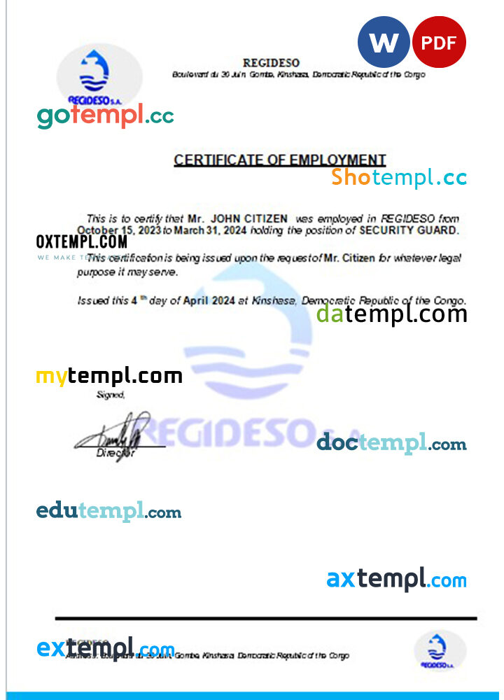 Congo Regideso certificate of employment Word and PDF download template