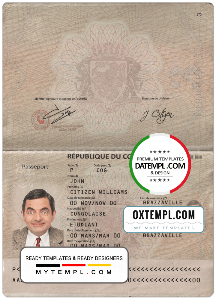 Congolese passport example in PSD format, 2014 - present