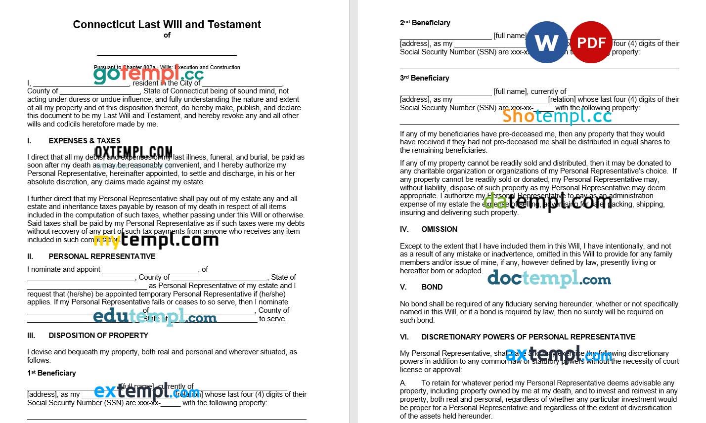 Connecticut Last Will and Testament example, fully editable