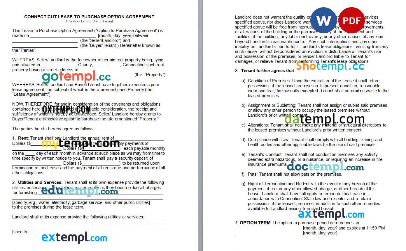 Connecticut Lease to Own Option to Purchase Agreement word example