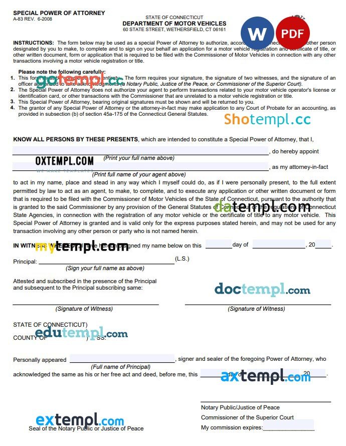 Connecticut Motor Vehicle Power of Attorney pexample, fully editable