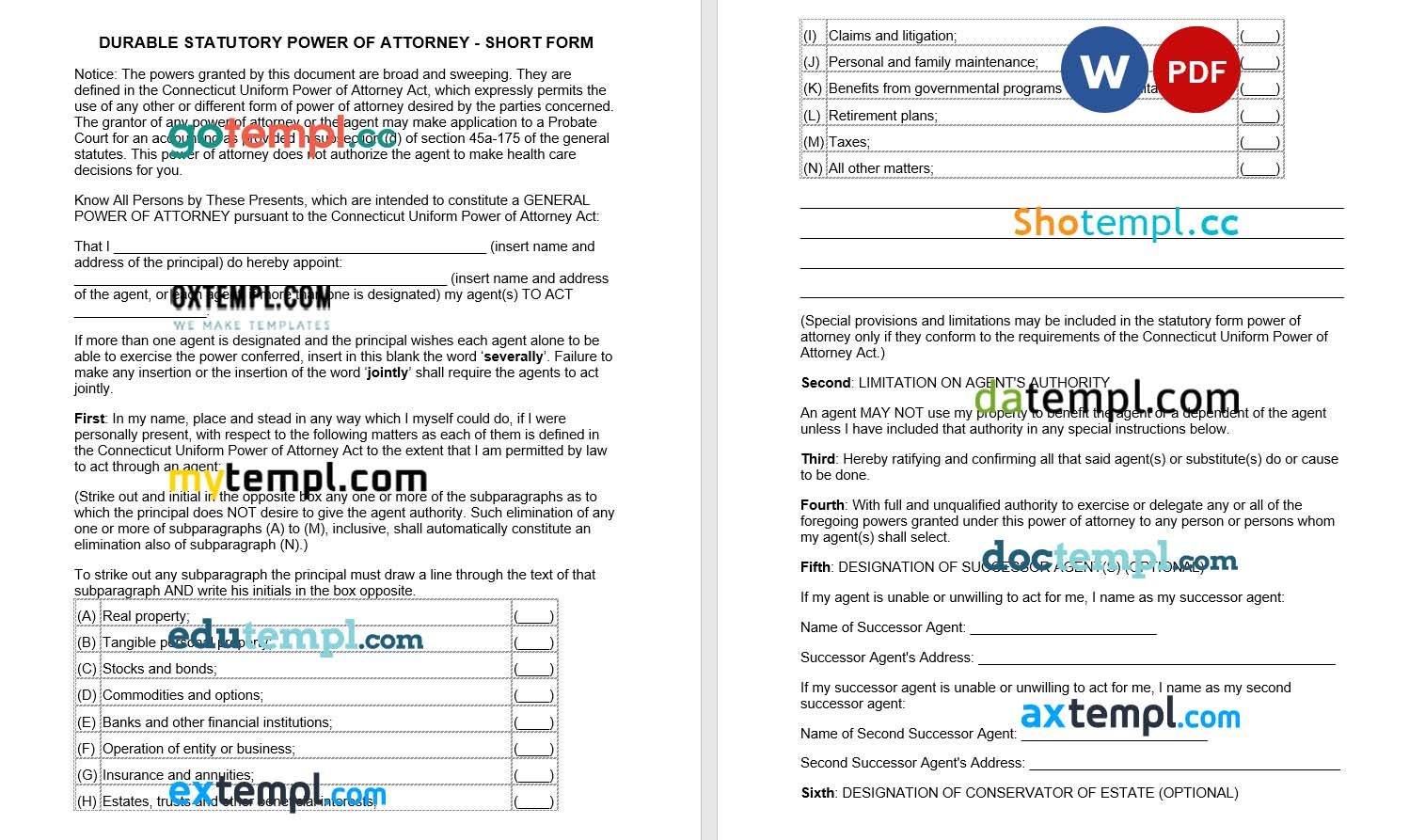 Connecticut Statutory Durable Power of Attorney Short Form example, fully editable