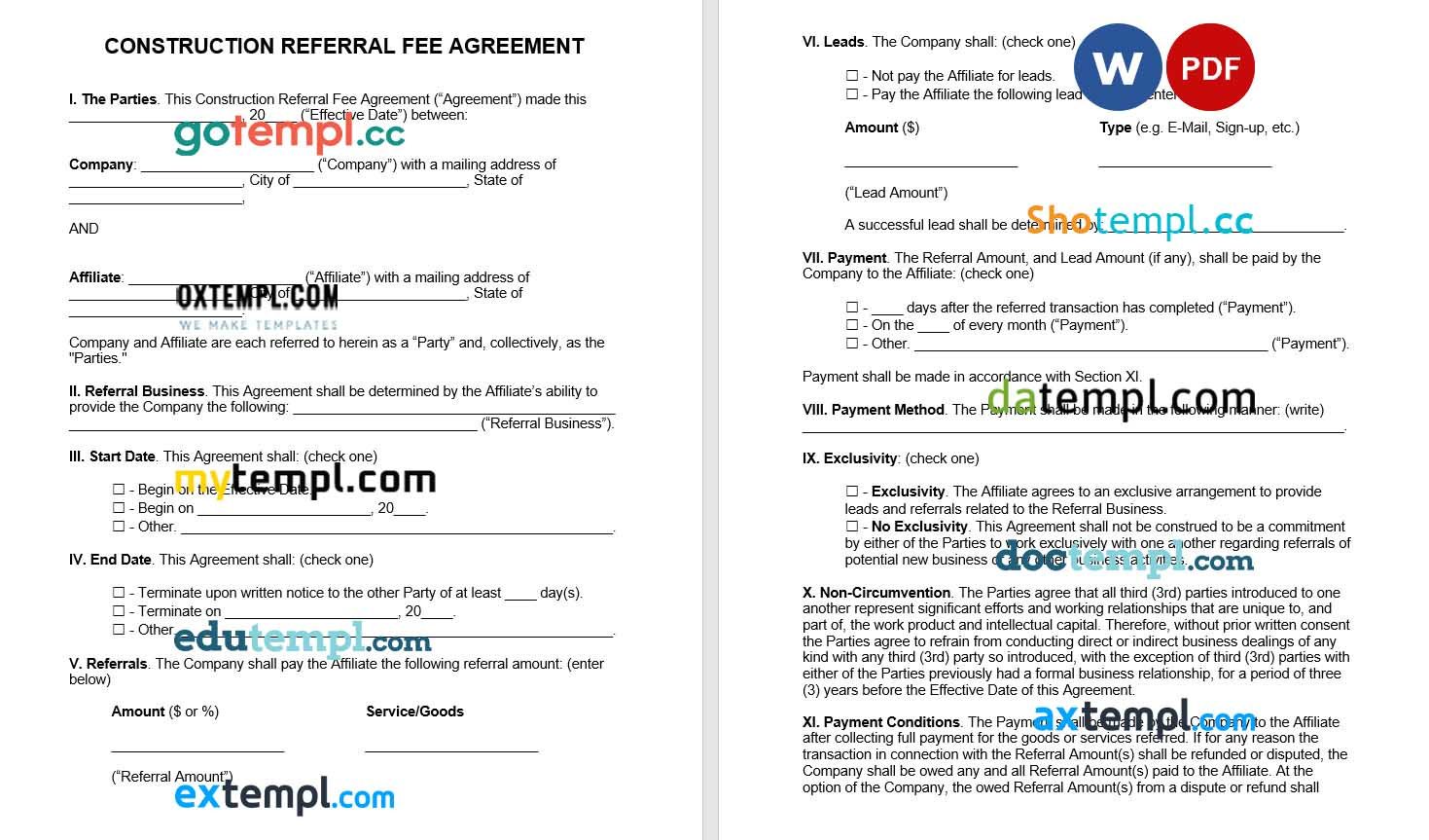 Construction Referral Fee Agreement Word example, fully editable