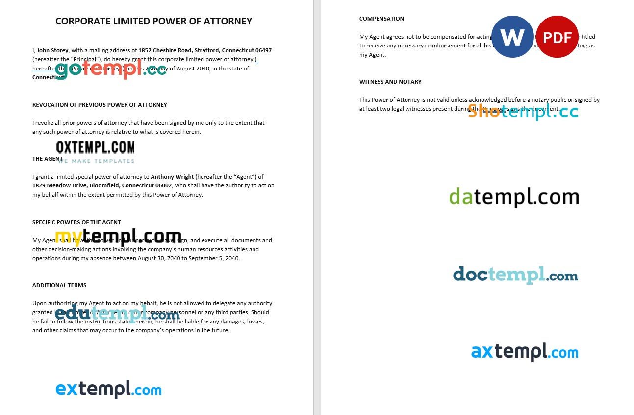 Corporate Limited Power of Attorney example, fully editable