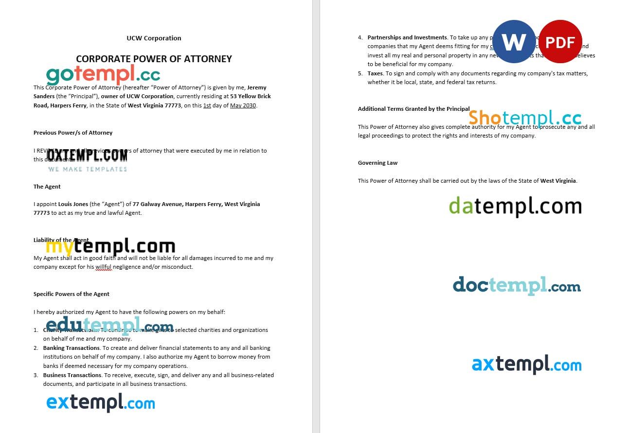 Corporate Power of Attorney example, fully editable