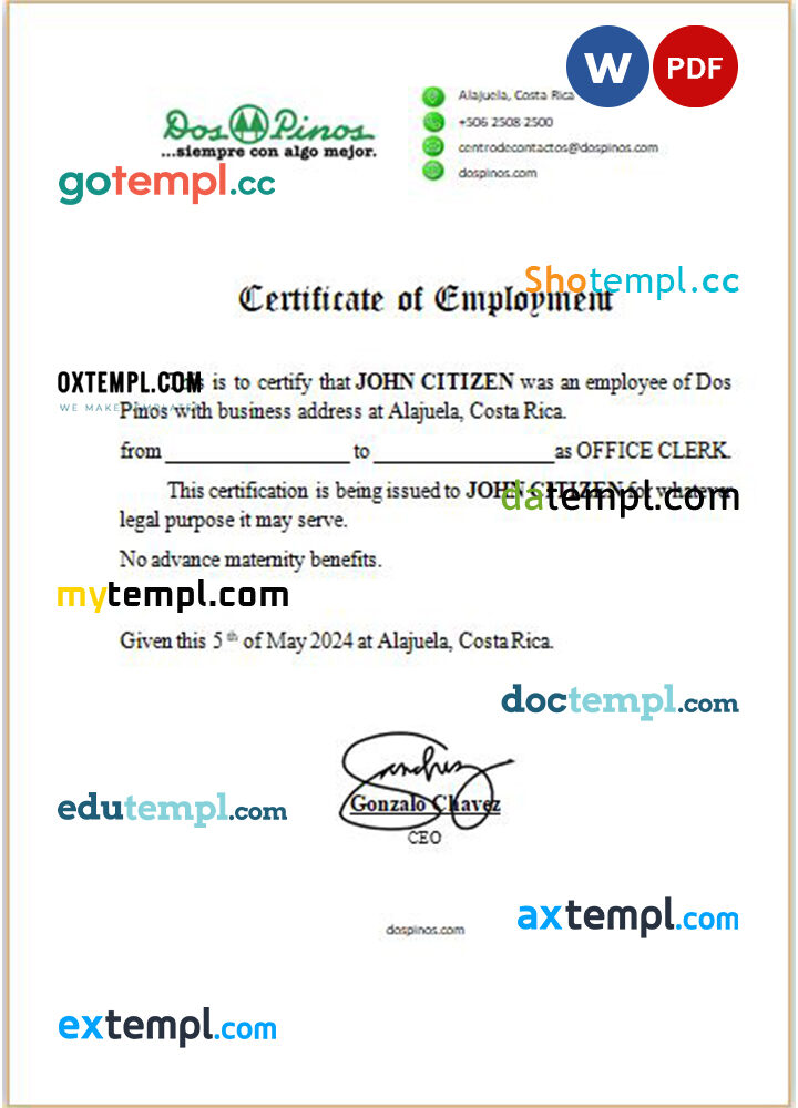 Costa Rica Dos Pinos certificate of employment Word and PDF download template