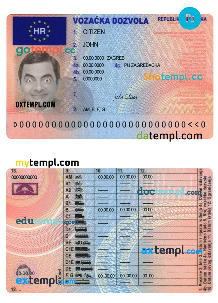 Croatia driving license PSD template, version 2