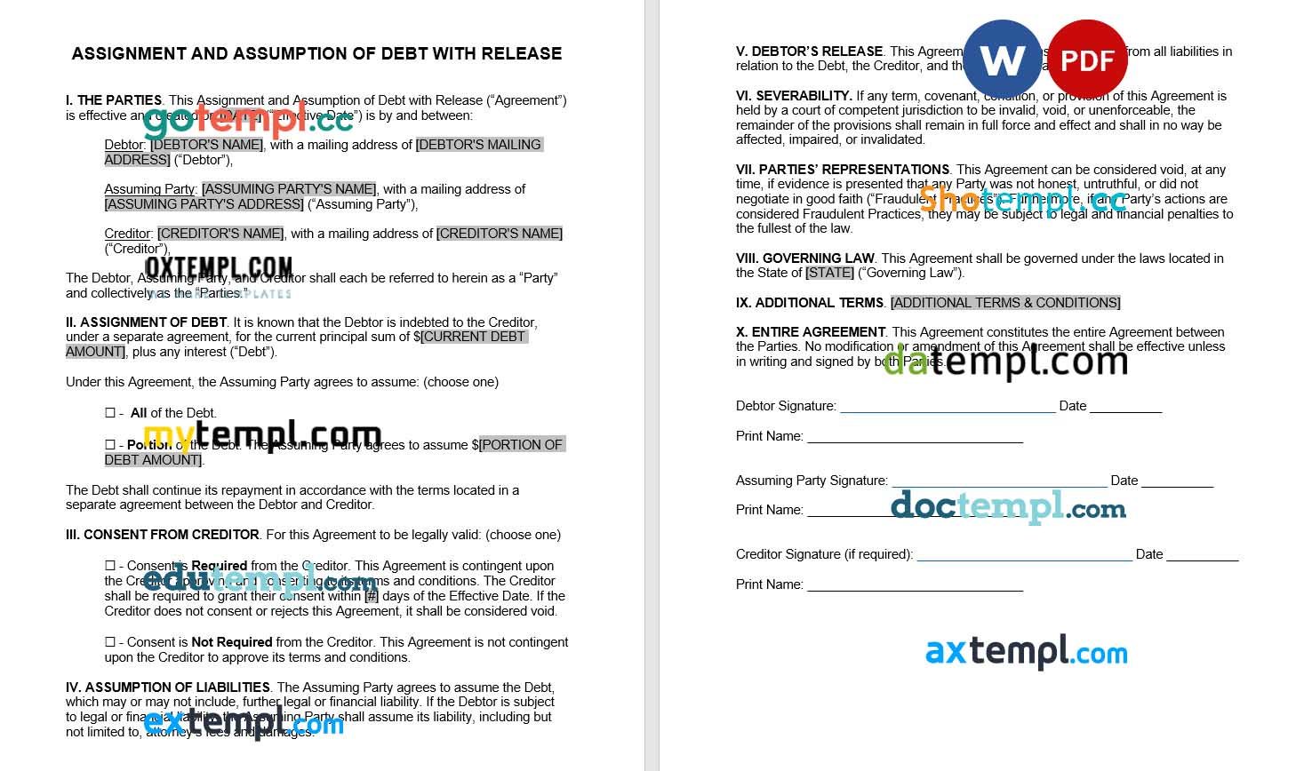 Debt Assignment and Assumption with Release Word example, completely editable