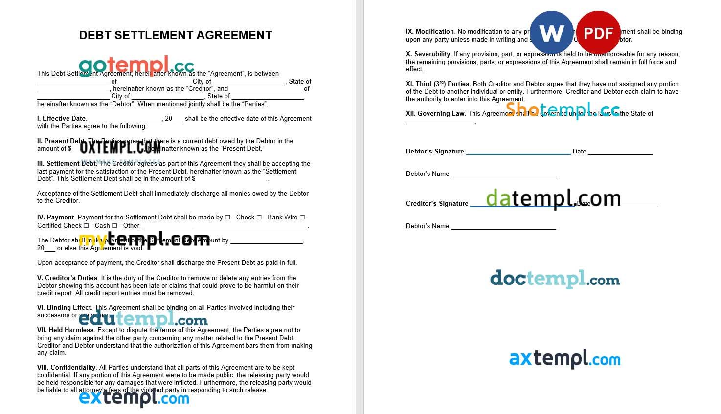 Debt Settlement Agreement example, fully aditable