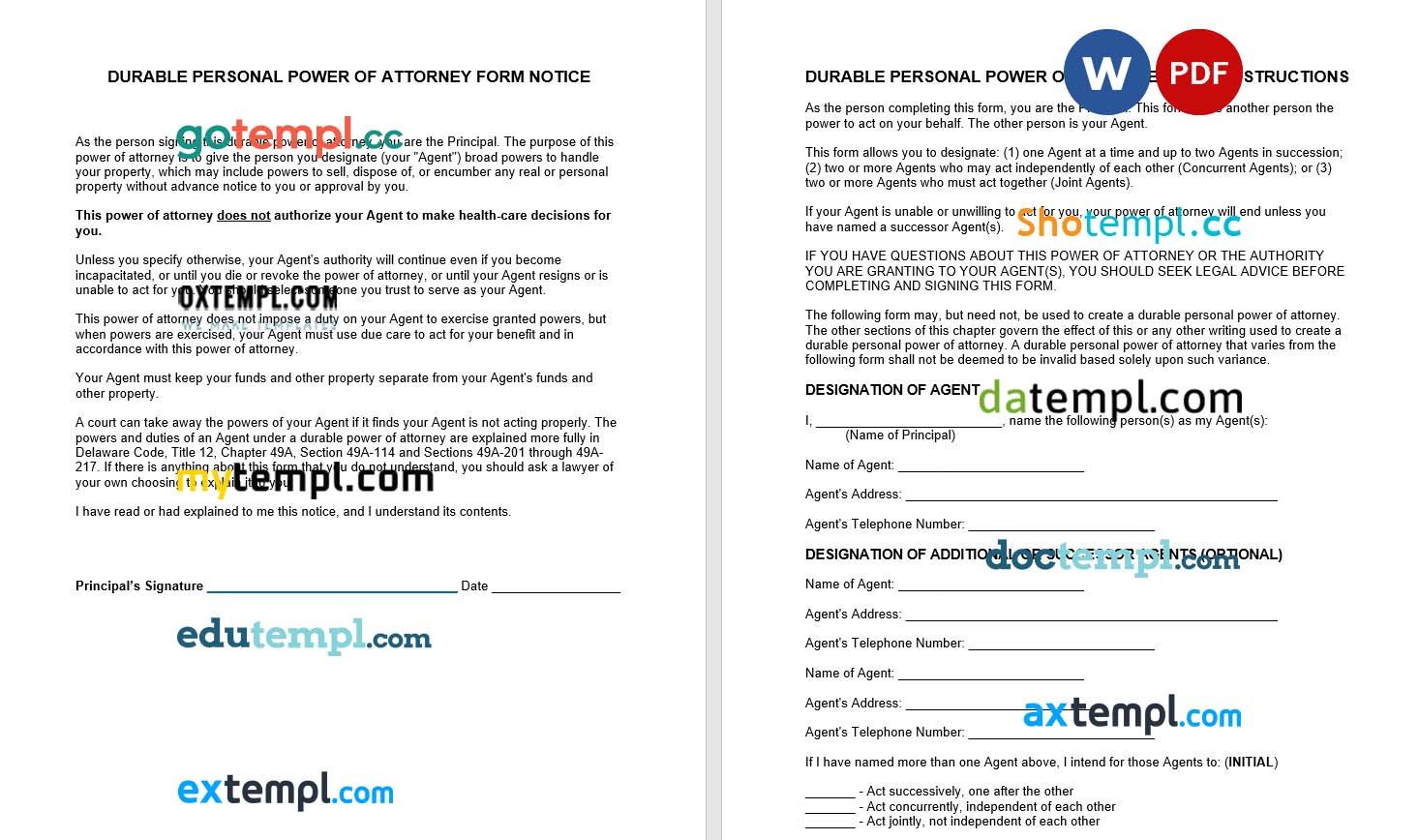 Delaware Durable Statutory Power of Attorney Form example, fully editable