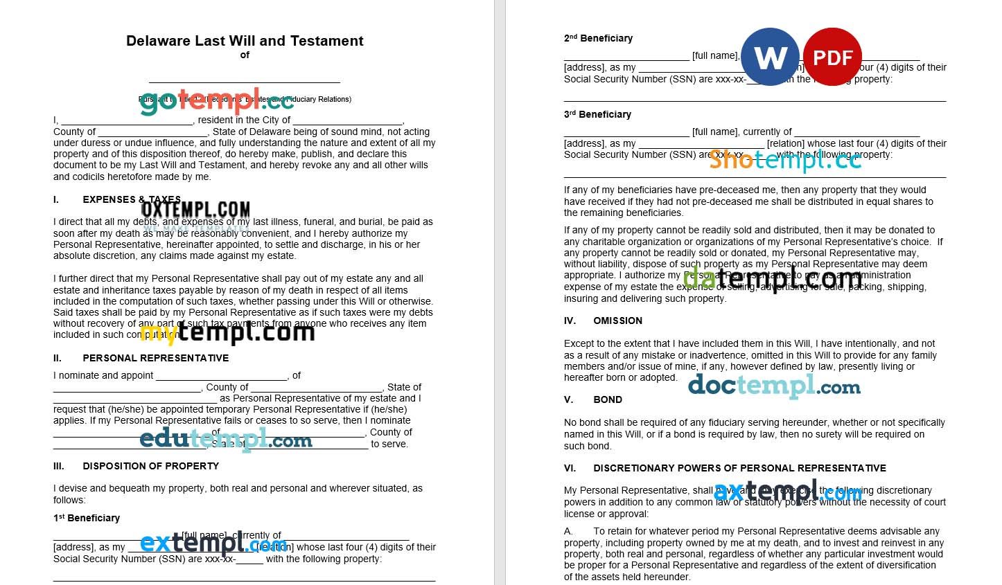 Delaware Last Will and Testament example, fully editable