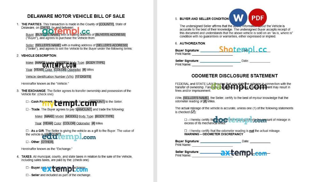 Delaware Motor Vehicle Bill of Sale example, fully editabl