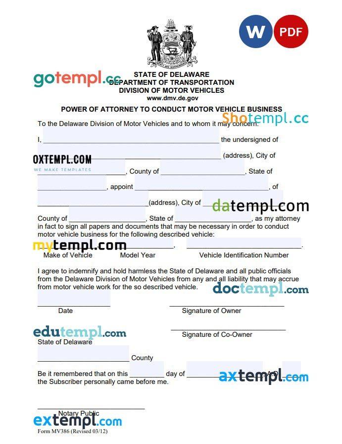 Delaware Motor Vehicle Power of Attorney example, fully editable