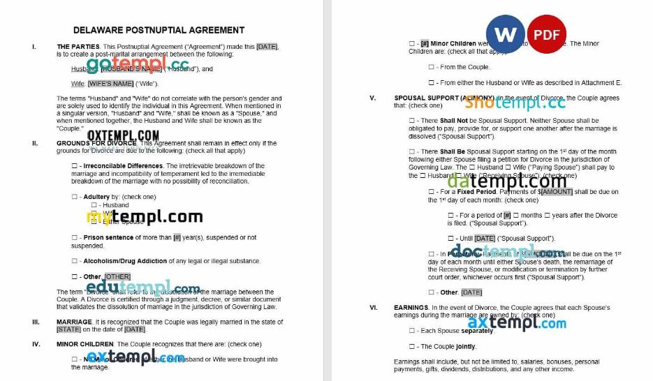 Delaware Postnuptial Agreement Word example, fully editable