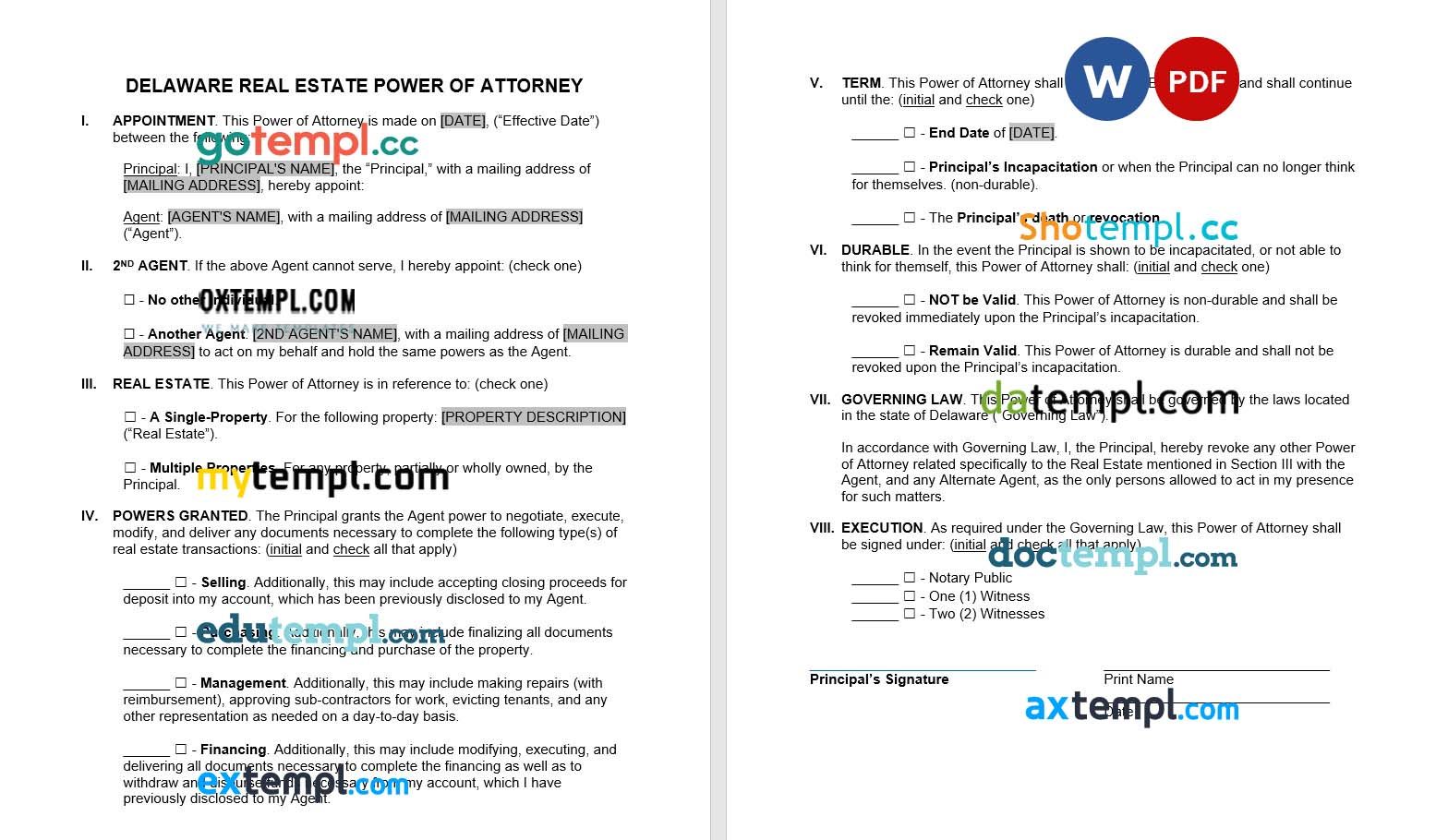 Delaware Real Estate Power of Attorney Form example, fully editable