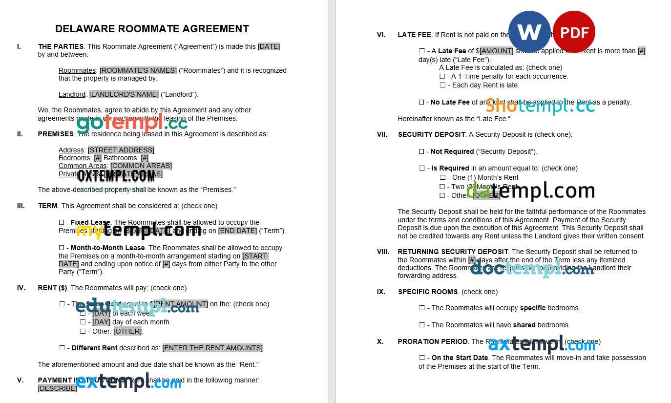 Delaware Roommate Rental Agreement Word example, fully editable