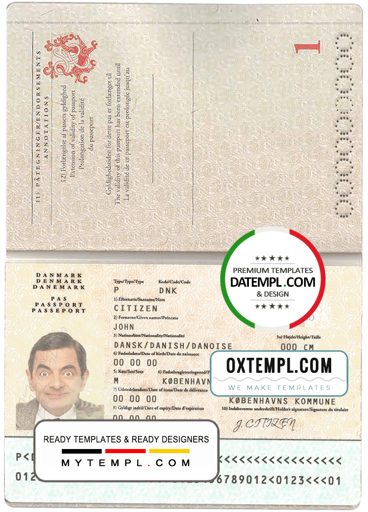 Danish passport example in PSD format, fully editable