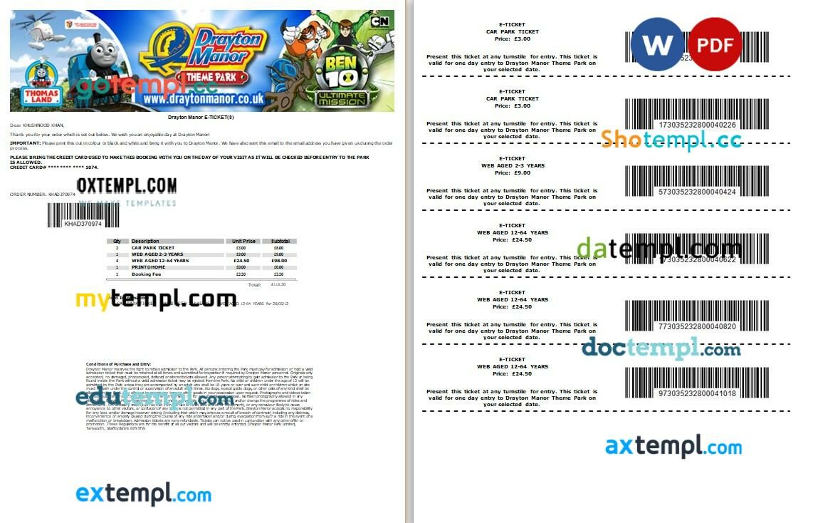 Drayton Manor Theme Park e-ticket, Word and PDF download template, 3 pages