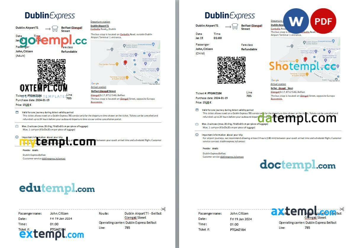 DublinExpress bus ticket, Word and PDF download template, for adult & child, 2 pages