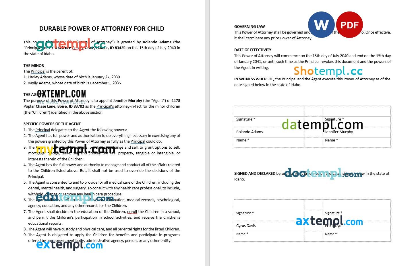 Durable Power of Attorney for Child example, fully editable