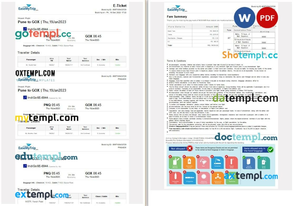 EaseMyTrip - IndiGo airplane e-ticket, Word and PDF download template, 2 pages