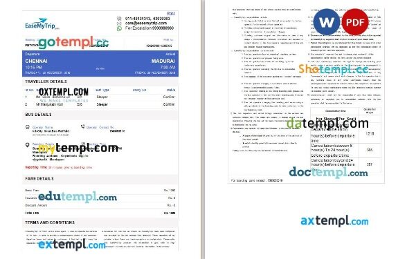 EaseMyTrip bus e-ticket, Word and PDF download template, 2 pages