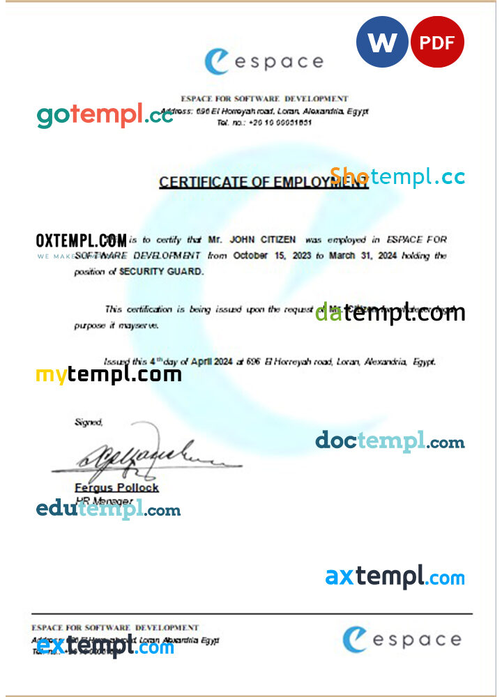 Egypt Espace for Software Development certificate of employment Word and PDF download template