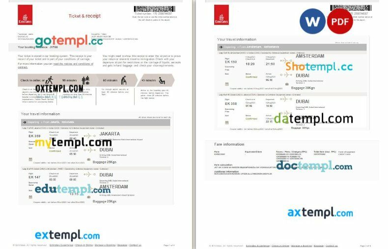 Emirates airplane return e-ticket, Word and PDF download template, 4 pages